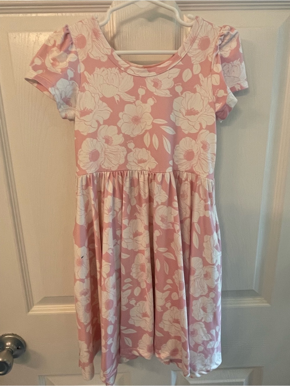 Girls' Pink Floral Short-Sleeve Gathered Dress